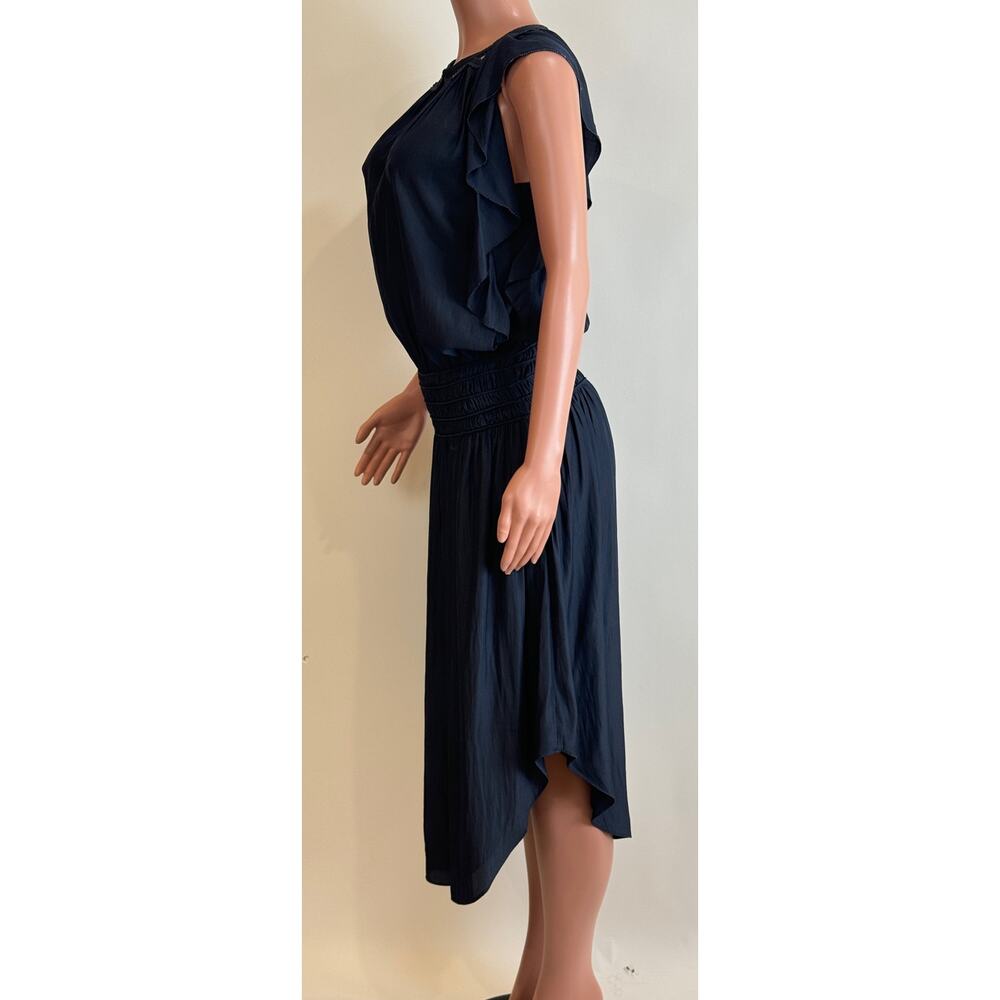 Ramy Brook Wrenn Embellished Blouson Midi Dress Size M Navy Satin Flutter Sleeve - Picture 7 of 15